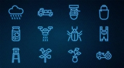 Set line Tractor, Garden worker clothes, Well with bucket, Smart farm drone, Jam Stock Illustration