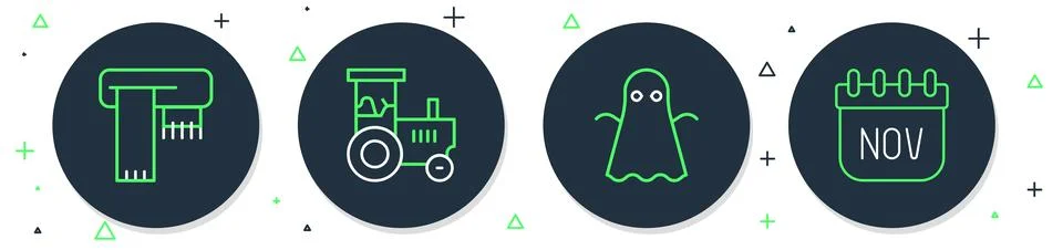 Set line Tractor, Ghost, Winter scarf and November calendar autumn icon. Vect Stock Illustration