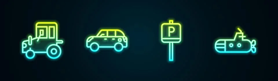 Set line Tractor, Hatchback car, Parking and Submarine. Glowing neon icon Stock Illustration