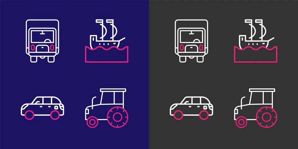 Set line Tractor, Hatchback car, Sailboat and Delivery cargo truck icon. Vect Stock Illustration
