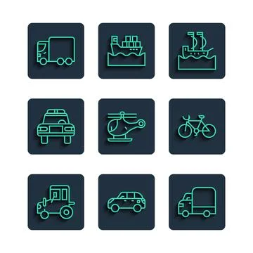Set line Tractor, Hatchback car, Delivery cargo truck, Sailboat, Helicopter.. Stock Illustration