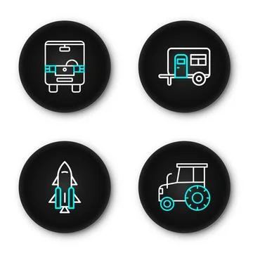 Set line Tractor, Rocket ship with fire, Rv Camping trailer and Bus icon. V.. Stock Illustration