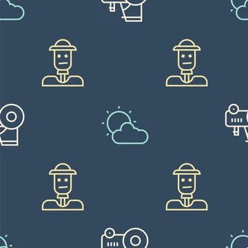 Set line Tractor, Scarecrow and Sun and cloud weather on seamless pattern Illustrazione stock