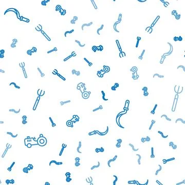 Set line Tractor, Sickle and Garden pitchfork on seamless pattern. Vector Stock Illustration