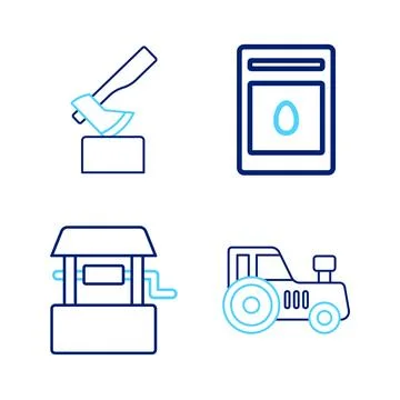 Set line Tractor, Well, Pack full of seeds of plant and Wooden axe icon. Vect Stock Illustration