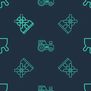 Set line Tractor, Windmill and Udder on seamless pattern. Vector Illustrazione stock