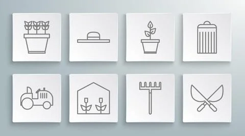 Set line Tractor, Worker hat, Home greenhouse and plants, Garden rake, Gardening Stock Illustration