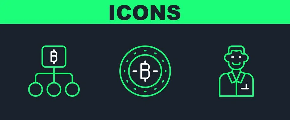 Set line Trader, Blockchain technology Bitcoin and  icon. Vector Stock Illustration