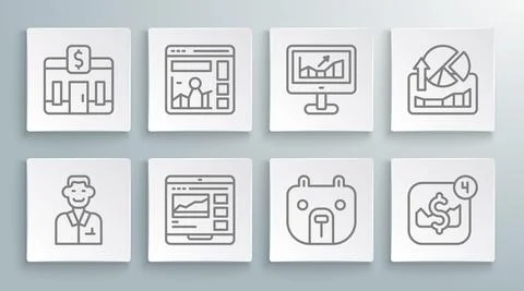 Set line Trader, Website with growth graph, Trading courses, Bear market, Mobile Stock Illustration