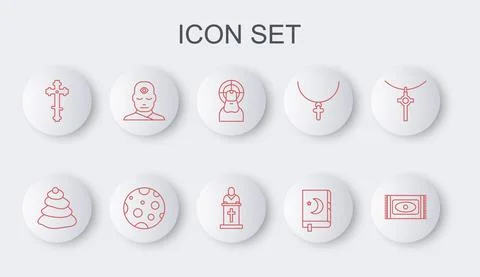 Set line Traditional carpet, Stack hot stones, Jesus Christ, Holy book of Koran Stock Illustration