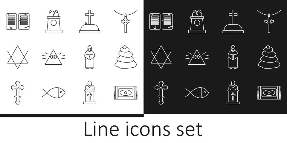 Set line Traditional carpet, Stack hot stones, Tombstone with cross, Masons.. Stock Illustration