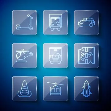 Set line Traffic cone, Cable car, Rocket ship with fire, Hatchback, Bus Stock Illustration