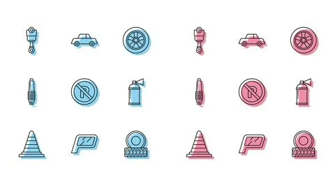 Set line Traffic cone, Car mirror, Engine piston, wheel, No Parking stoppin.. Stock Illustration