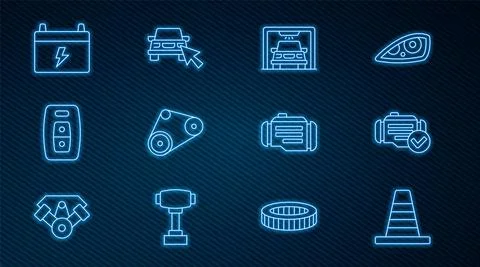 Set line Traffic cone, Check engine, Car wash, Timing belt kit, key with remote Stock Illustration