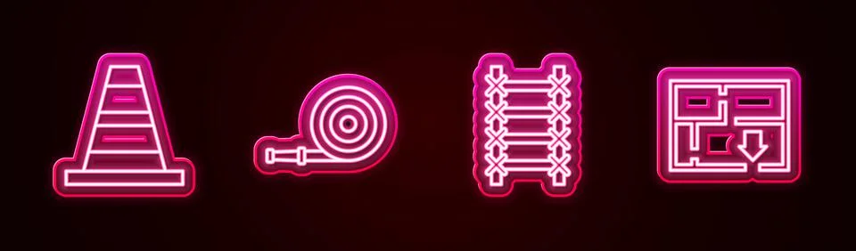 Set line Traffic cone, Fire hose reel, escape and Evacuation plan. Glowing ne Stock Illustration