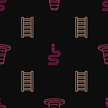 Set line Traffic cone, Fire escape and hose reel on seamless pattern. Vector 库存插图
