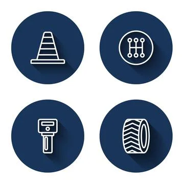 Set line Traffic cone, Gear shifter, Car key with remote and tire wheel with Stock Illustration