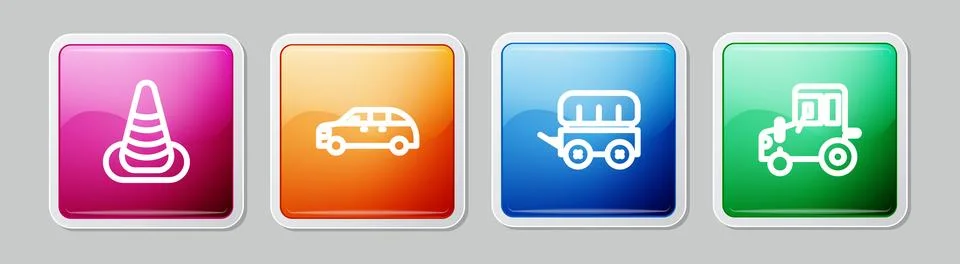 Set line Traffic cone, Hatchback car, Wild west covered wagon and Tractor. .. Stock Illustration