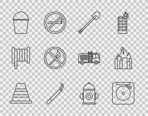 Set line Traffic cone, Ringing alarm bell, Fire shovel, Cigarette, bucket, No Illustration