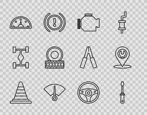 Set line Traffic cone, Screwdriver, Check engine, Speedometer, Car wheel Stock Illustration