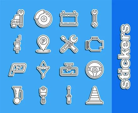 Set line Traffic cone, Steering wheel, Check engine, Car battery, Location .. Stock Illustration