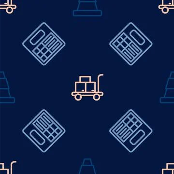 Set line Traffic cone, Train station board and Trolley suitcase on seamless Stock-Illustration