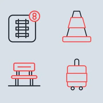 Set line Traffic cone, Waiting hall, Suitcase and Online ticket booking ico.. Illustration