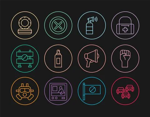 Set line Traffic jam, Raised hand with clenched fist, Air horn, Paint spray can Stock Illustration