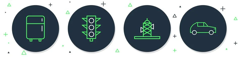 Set line Traffic light, Antenna, Refrigerator and Car icon. Vector Stock Illustration