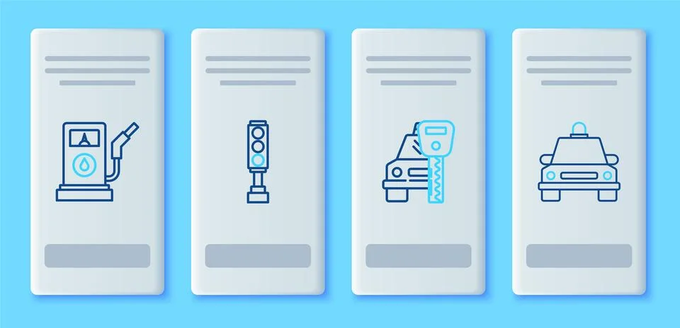 Set line Traffic light, Car rental, Petrol or Gas station and Taxi car icon.. Stock Illustration