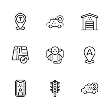 Set line Traffic light, Location taxi car, Taximeter device, call telephone.. Stock Illustration