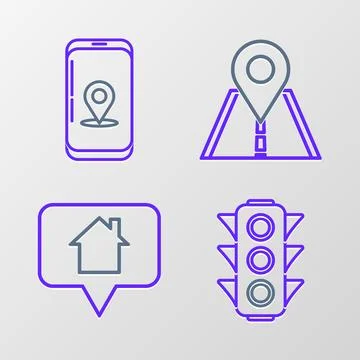 Set line Traffic light, Map pointer with house, Road traffic sign and Infog.. 스톡 일러스트