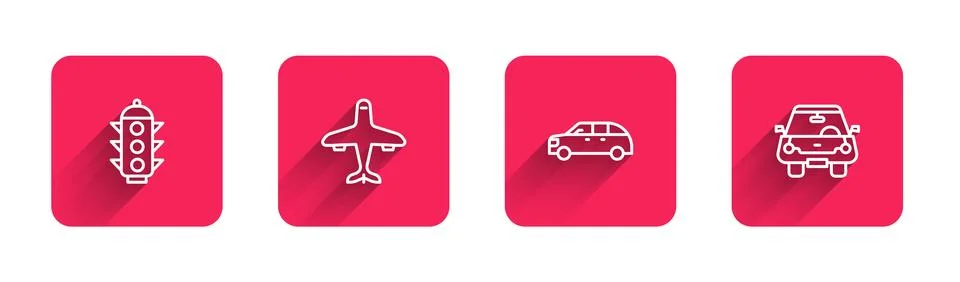 Set line Traffic light, Plane, Hatchback car and Car with long shadow. Red .. Stock Illustration