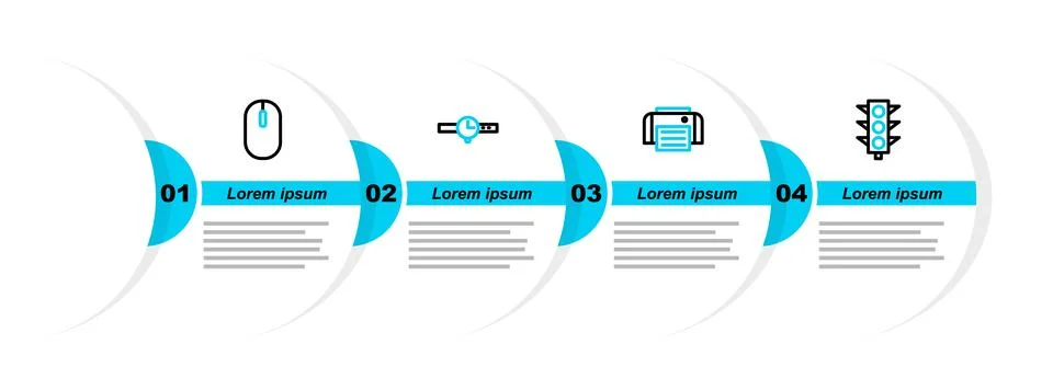 Set line Traffic light, Printer, Wrist watch and Computer mouse icon. Vector Stock Illustration