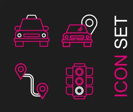 Set line Traffic light, Route location, Map pointer with taxi and Taxi car icon Stockillustratie