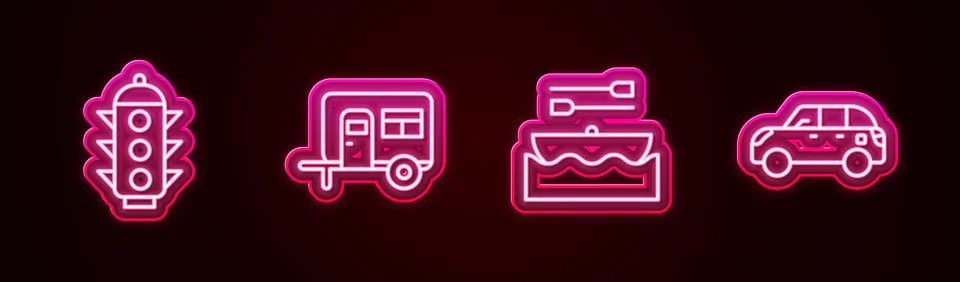 Set line Traffic light, Rv Camping trailer, Boat with oars and Hatchback ca.. Stock Illustration