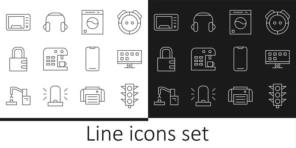 Set line Traffic light, Smart Tv, Washer, Coffee machine, Safe combination .. Stock Illustration