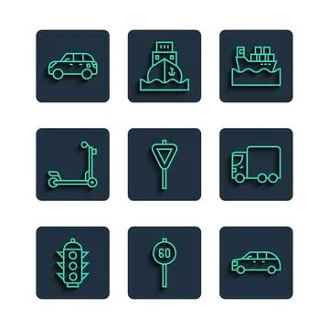 Set line Traffic light, Speed limit traffic, Hatchback car, Cargo ship with.. Stock Illustration