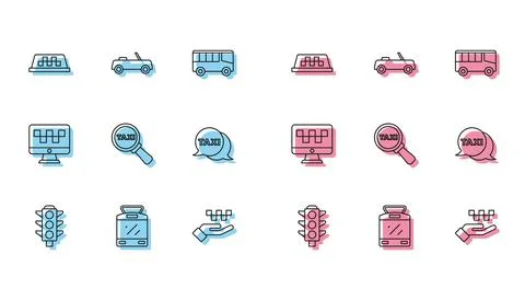 Set line Traffic light, Tram and railway, Taxi car roof, Hand with taxi, Ma.. Stock Illustration