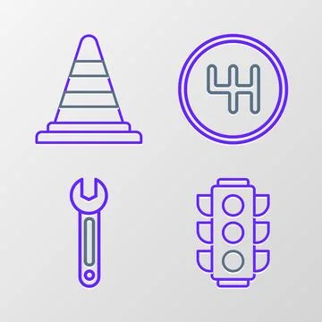 Set line Traffic light, Wrench, Gear shifter and cone icon. Vector Illustration