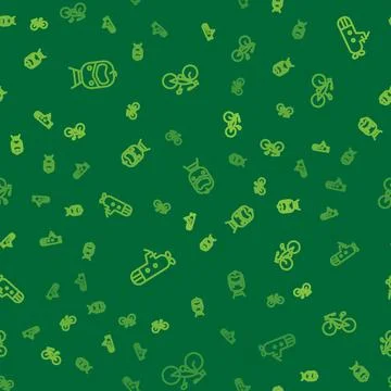 Set line Train and railway, Submarine and Bicycle on seamless pattern. Vector イラスト素材
