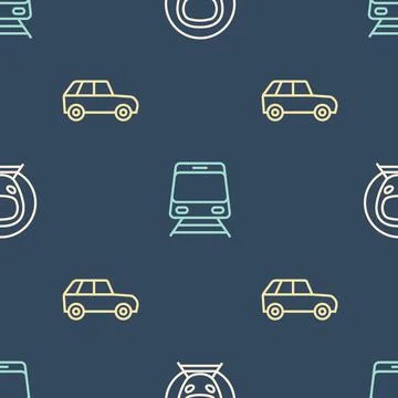 Set line Train and railway, Car and on seamless pattern. Vector Stock Illustration