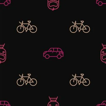 Set line Train and railway, Bicycle and Hatchback car on seamless pattern Stock Illustration