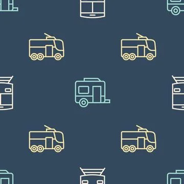 Set line Train and railway, Trolleybus and Rv Camping trailer on seamless イラスト素材