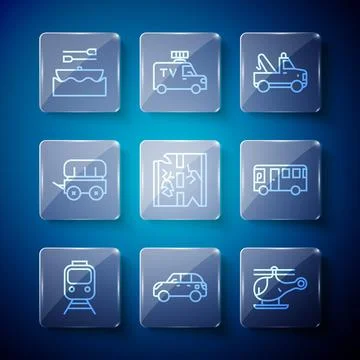 Set line Train and railway, Hatchback car, Helicopter, Tow truck, Broken ro.. Stock Illustration