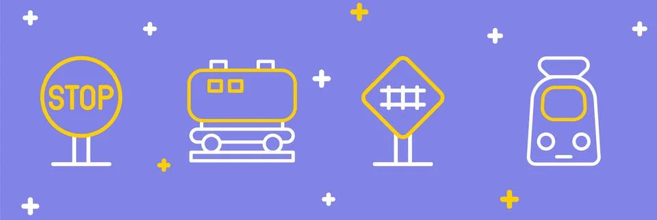 Set line Train and railway, Railroad crossing, Oil cistern and Stop sign ic.. Stock Illustration