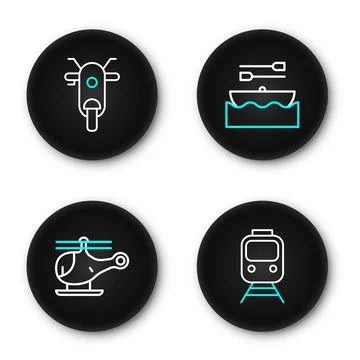 Set line Train and railway, Helicopter, Boat with oars and Scooter icon. Vect 스톡 일러스트