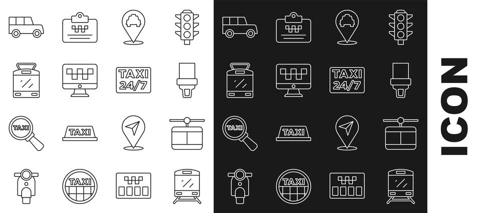 Set line Train, Cable car, Safety belt, Location with taxi, Computer call s.. Illustrazione stock