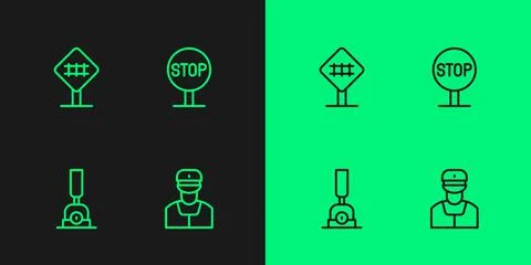 Set line Train conductor, Arrow for switching the railway, Railroad crossing and Stock Illustration
