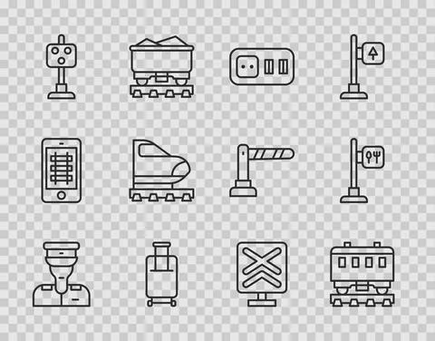 Set line Train conductor, Passenger train cars, Electrical outlet, Suitcase Stock Illustration